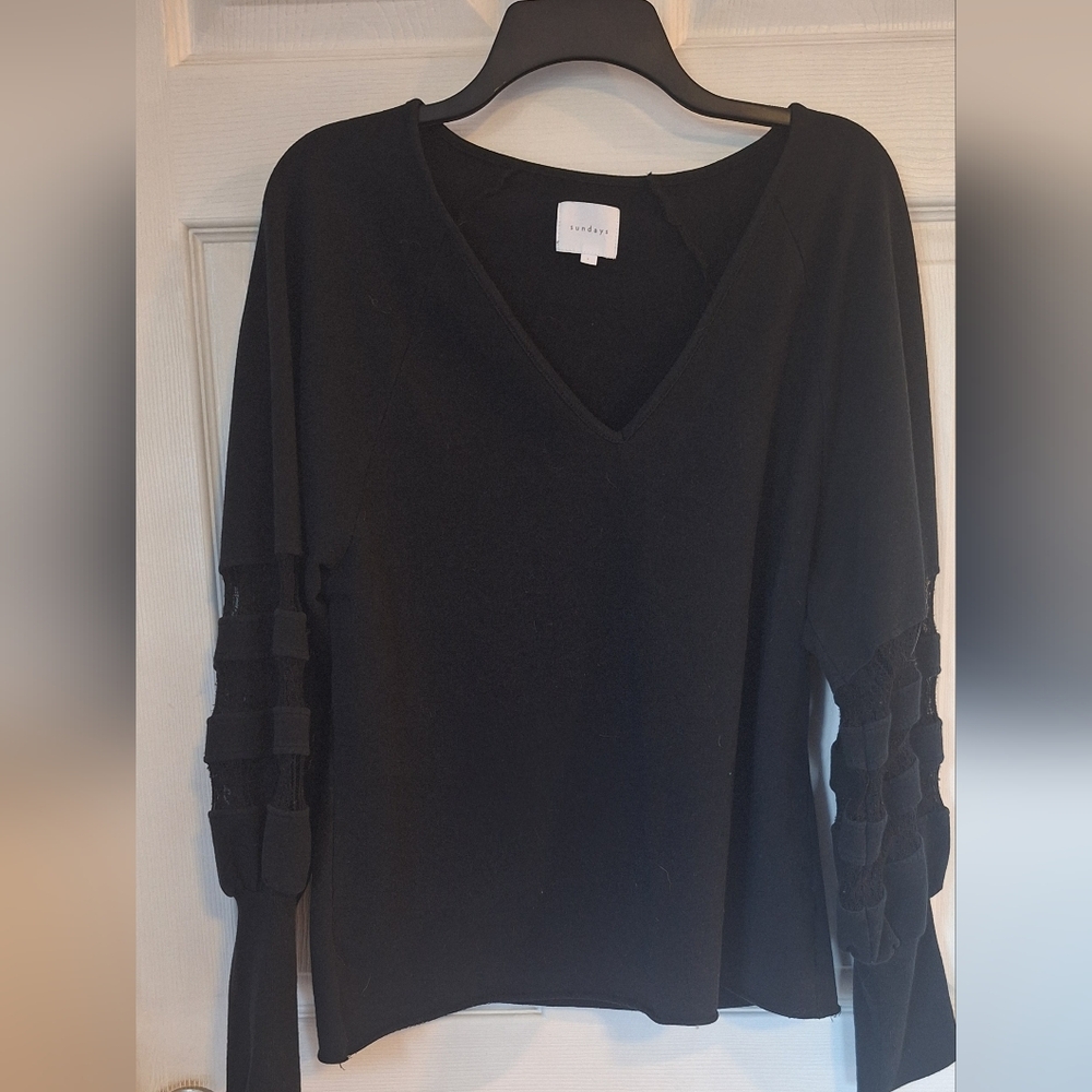 We Are Sundays black sweatshirt vneck top with lace sleeves xl size "3"
